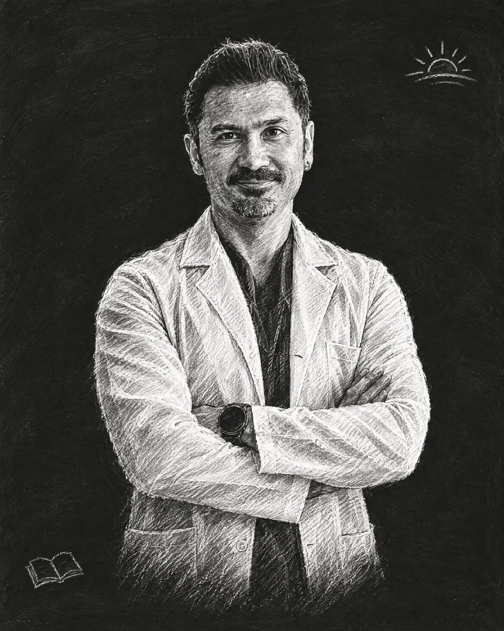 Prof. Dr. Emrullah Beyazyıldız’ın siyah okul tahtasına beyaz tebeşirle çizilmiş portresi